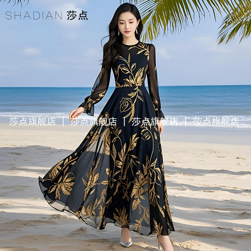 黑色印花雪纺连衣裙女夏长袖收腰气质海边度假长裙沙滩裙大摆裙