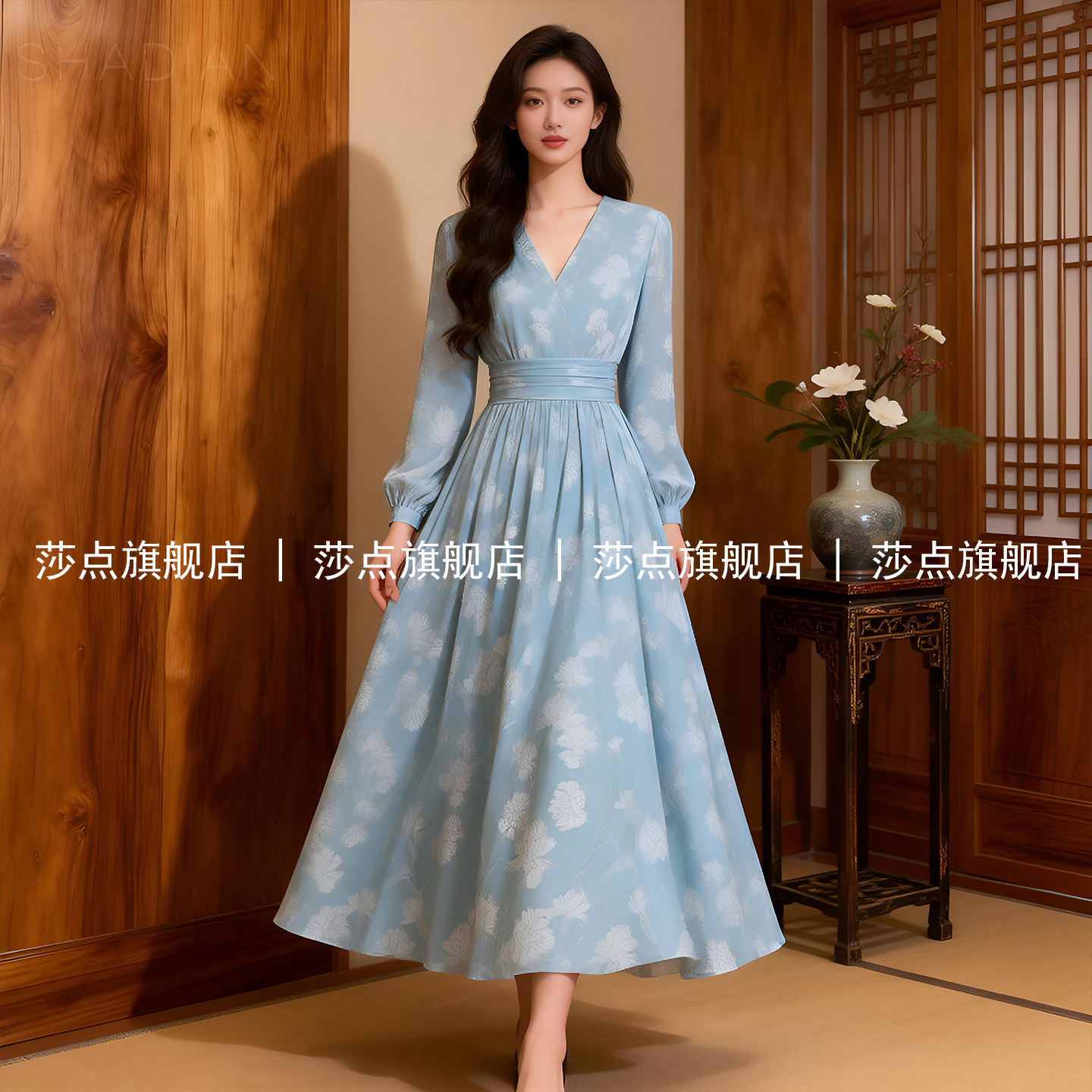 蓝色长袖V领碎花连衣裙女