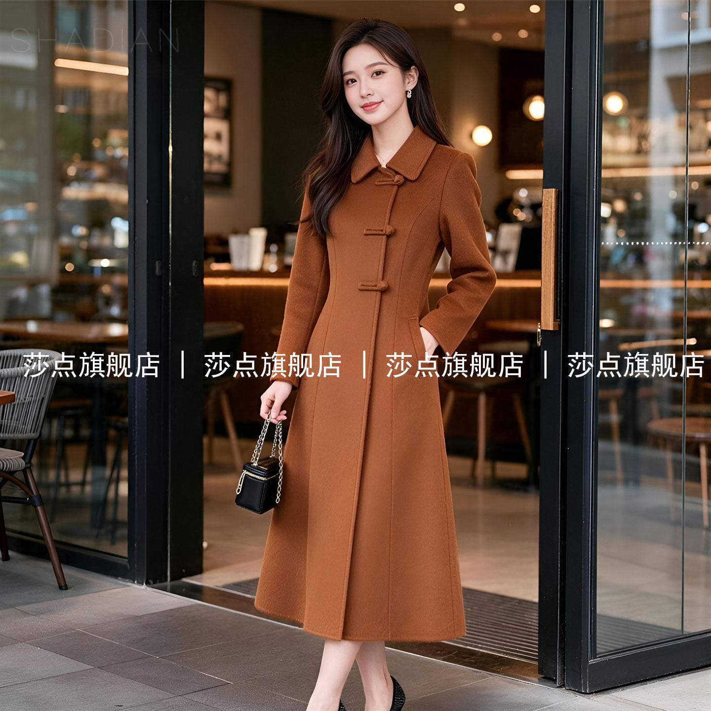 焦糖色单排扣毛翻领呢外套女冬