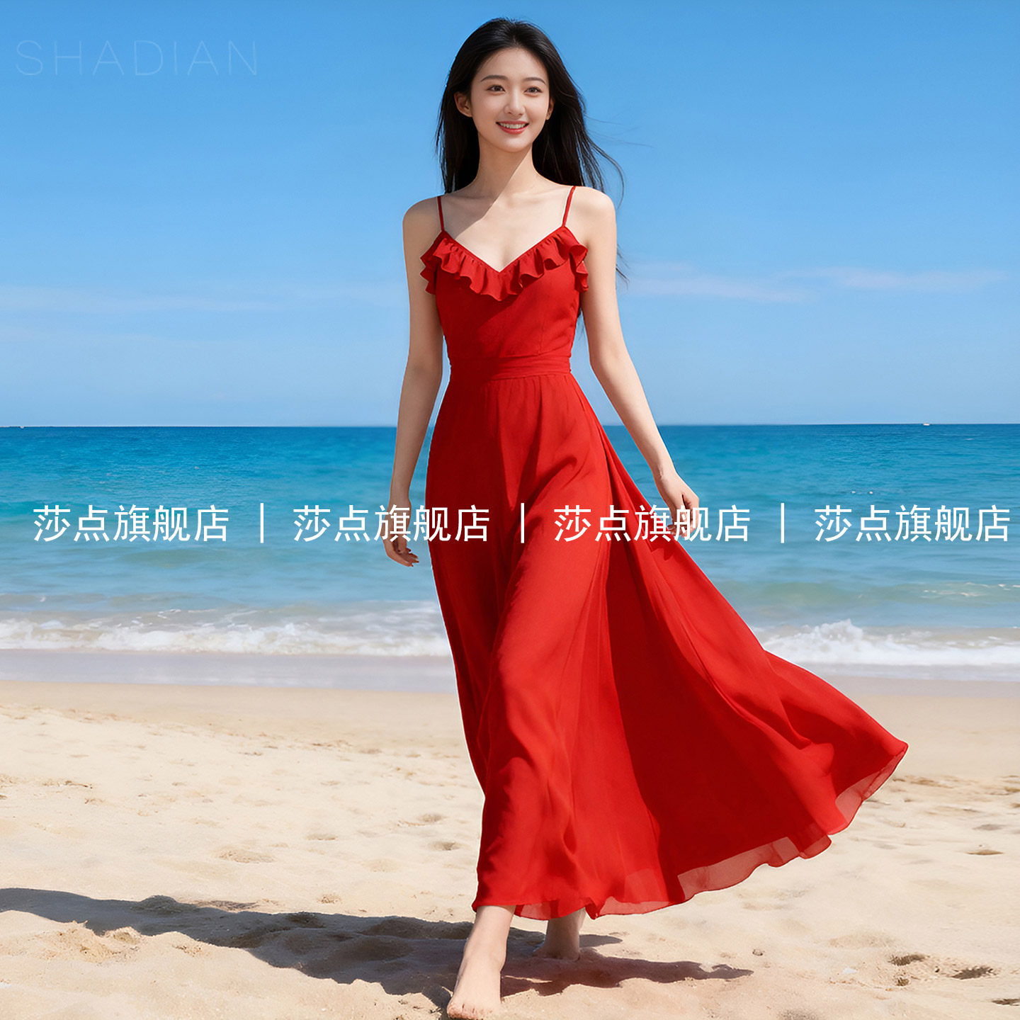 红色荷叶边无袖吊带连衣裙女夏