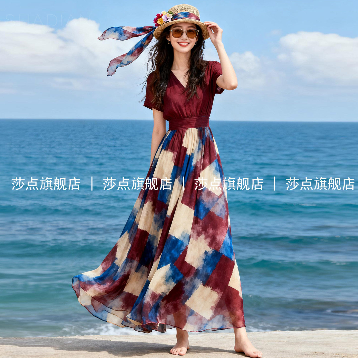 V领假两件格子拼接薄纱连衣裙