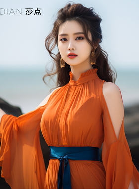 2025夏季新款女装橙色连衣裙高级感气质长款收腰大摆裙海边沙滩裙