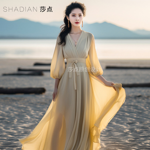 2026夏季新款米黄色连衣裙雪纺长裙灯笼袖到脚踝大摆裙海边沙滩裙
