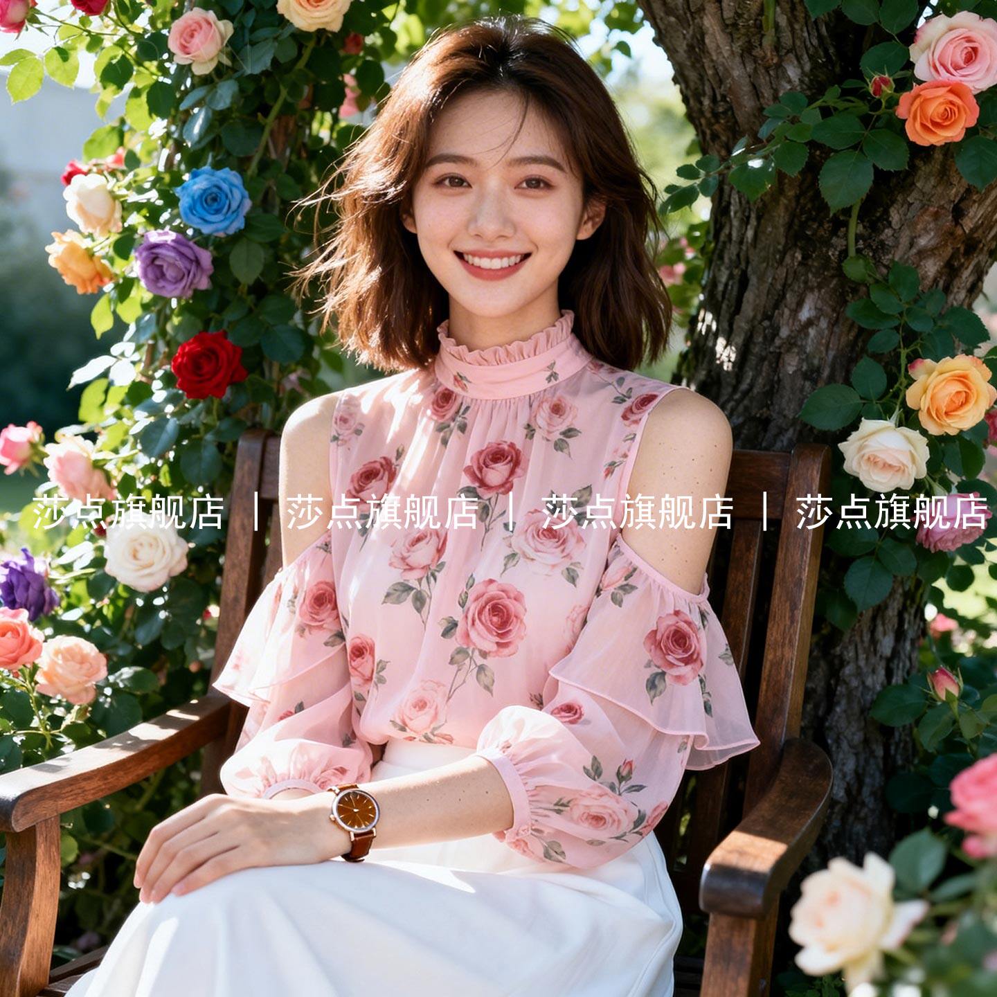粉色长袖露肩雪纺碎花衬衫女夏图片