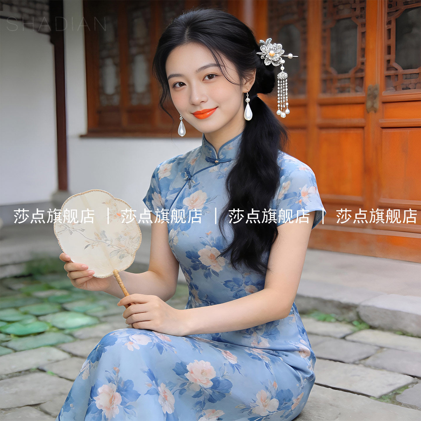 蓝色碎花短袖新中式旗袍连衣裙