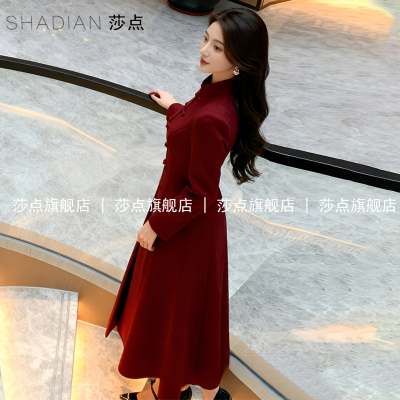 红色新中式盘扣呢子大衣女中长款