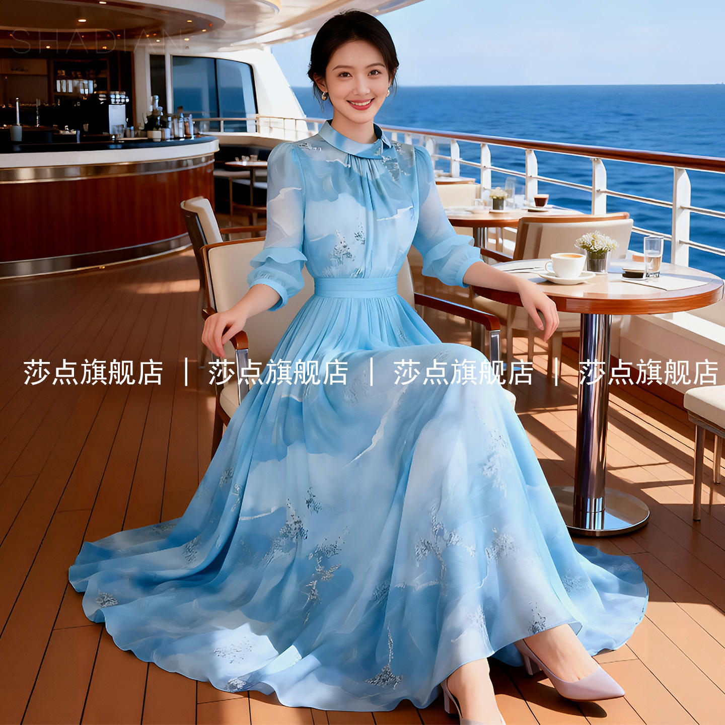 蓝色碎花连衣裙女夏高级感仙女裙薄纱长裙海边度假沙滩裙长款裙子