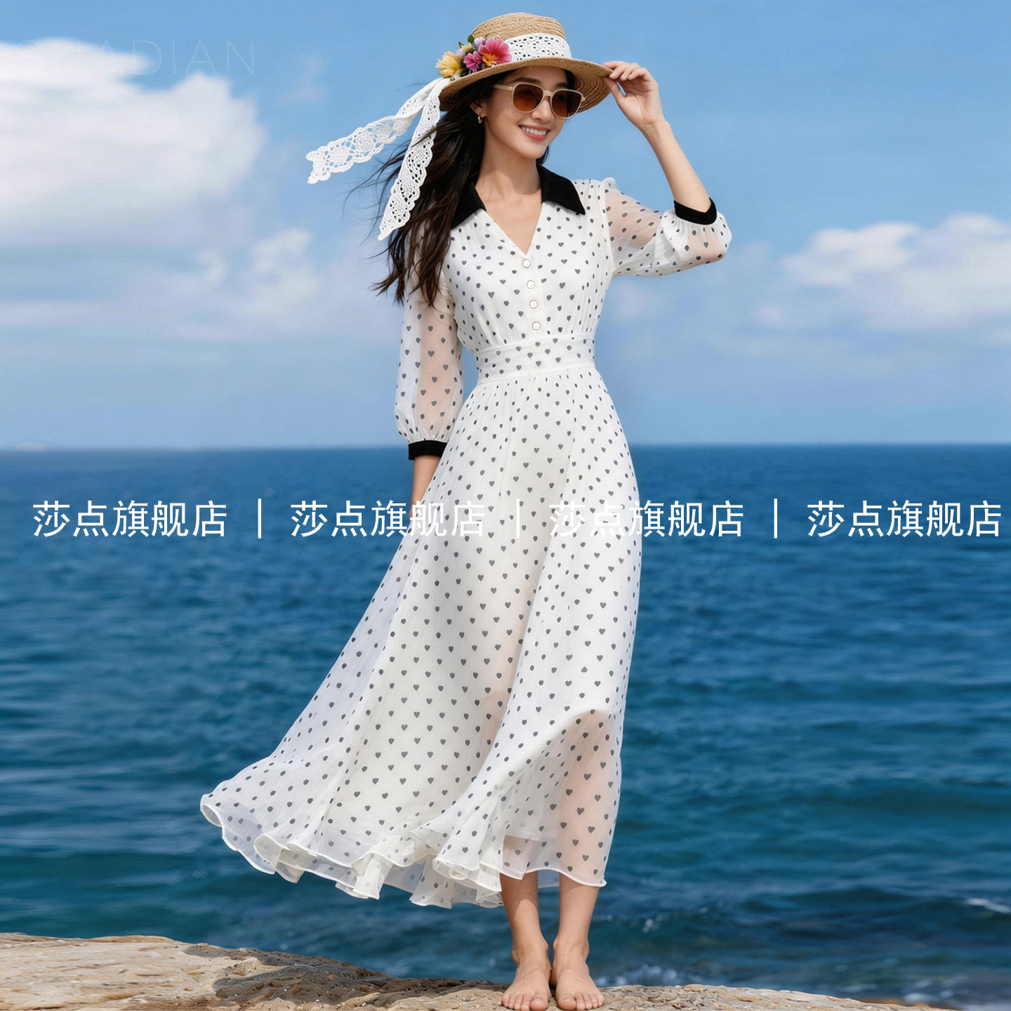 V领短袖白色薄纱波点连衣裙女夏