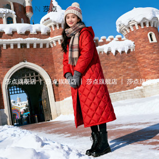 2025新款红色菱格羽绒棉服女冬连帽中长款加厚棉衣外套小个子棉袄