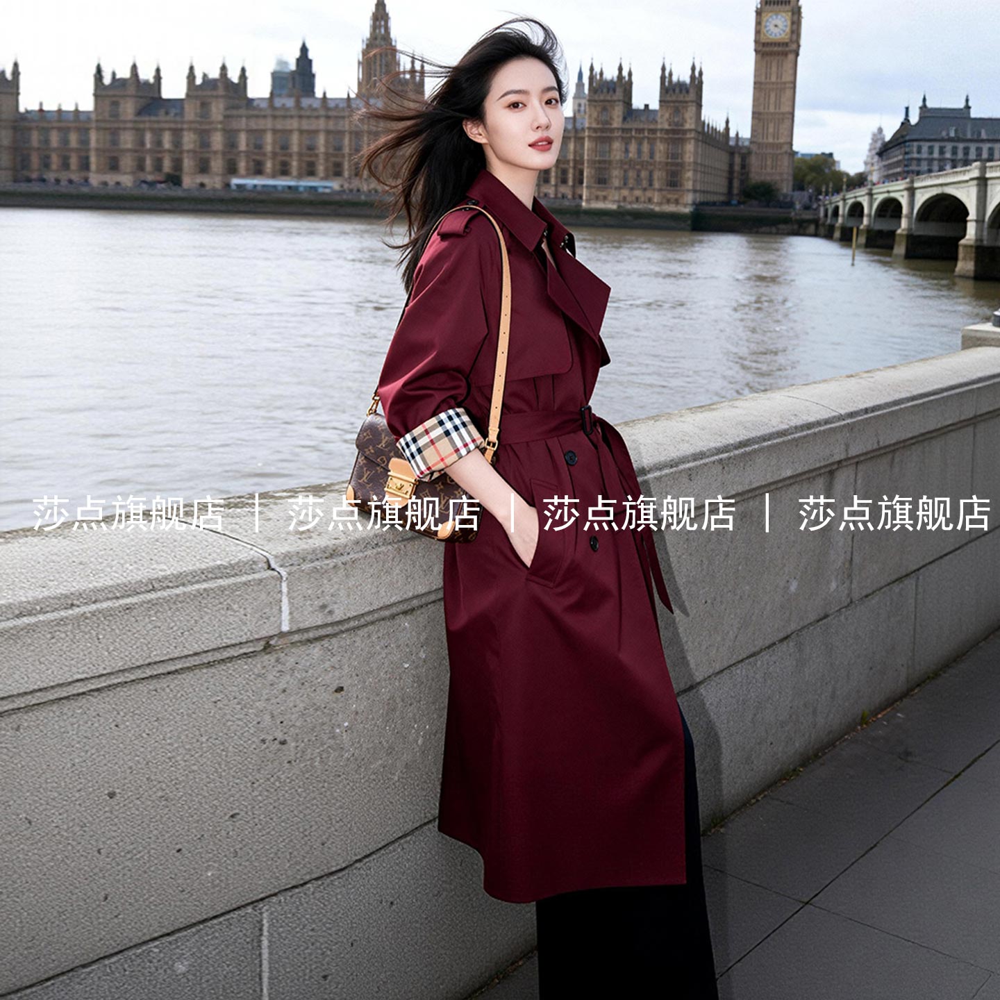 酒红色双排扣休闲风衣女中长款