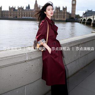 酒红色双排扣休闲格子风衣女中长款2026新款气质高级感外套英伦风