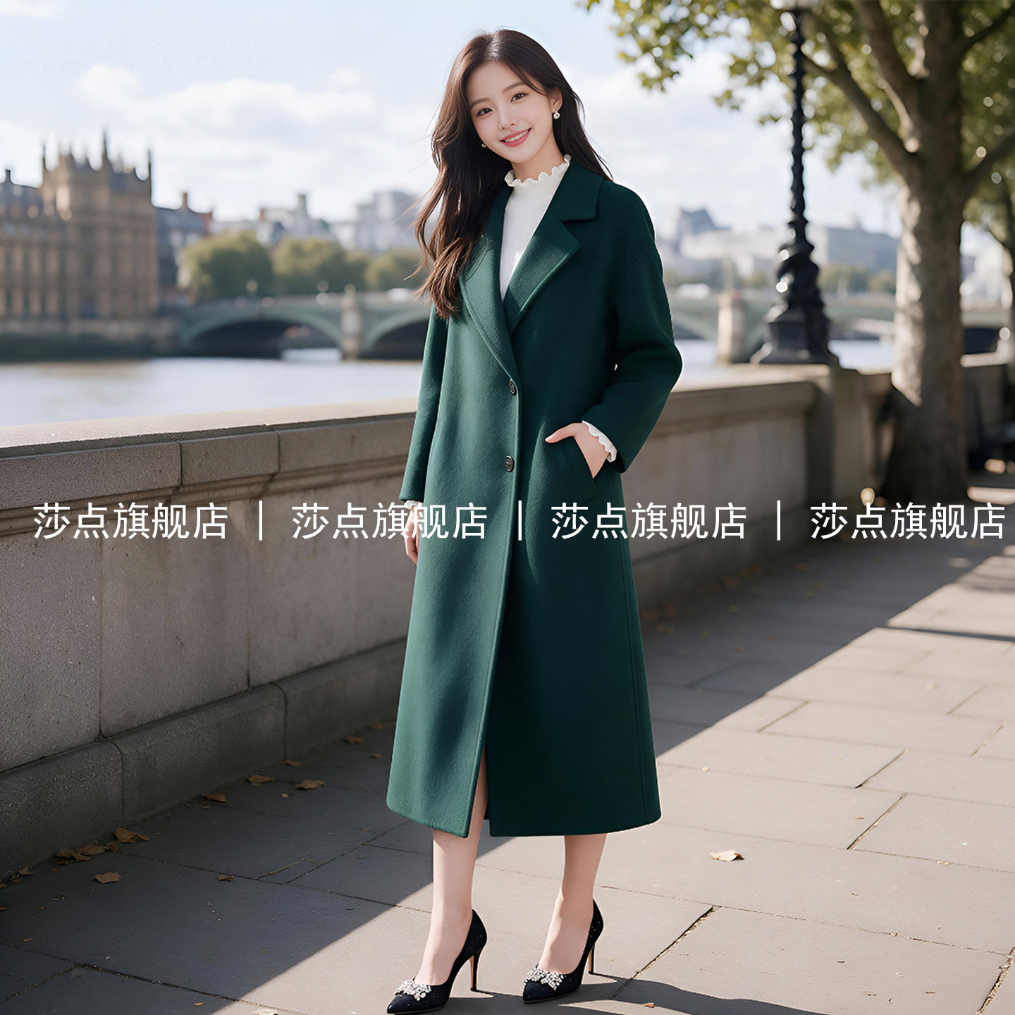 墨绿色单排扣毛呢外套女中长款