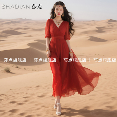 V领薄纱红色连衣裙女夏