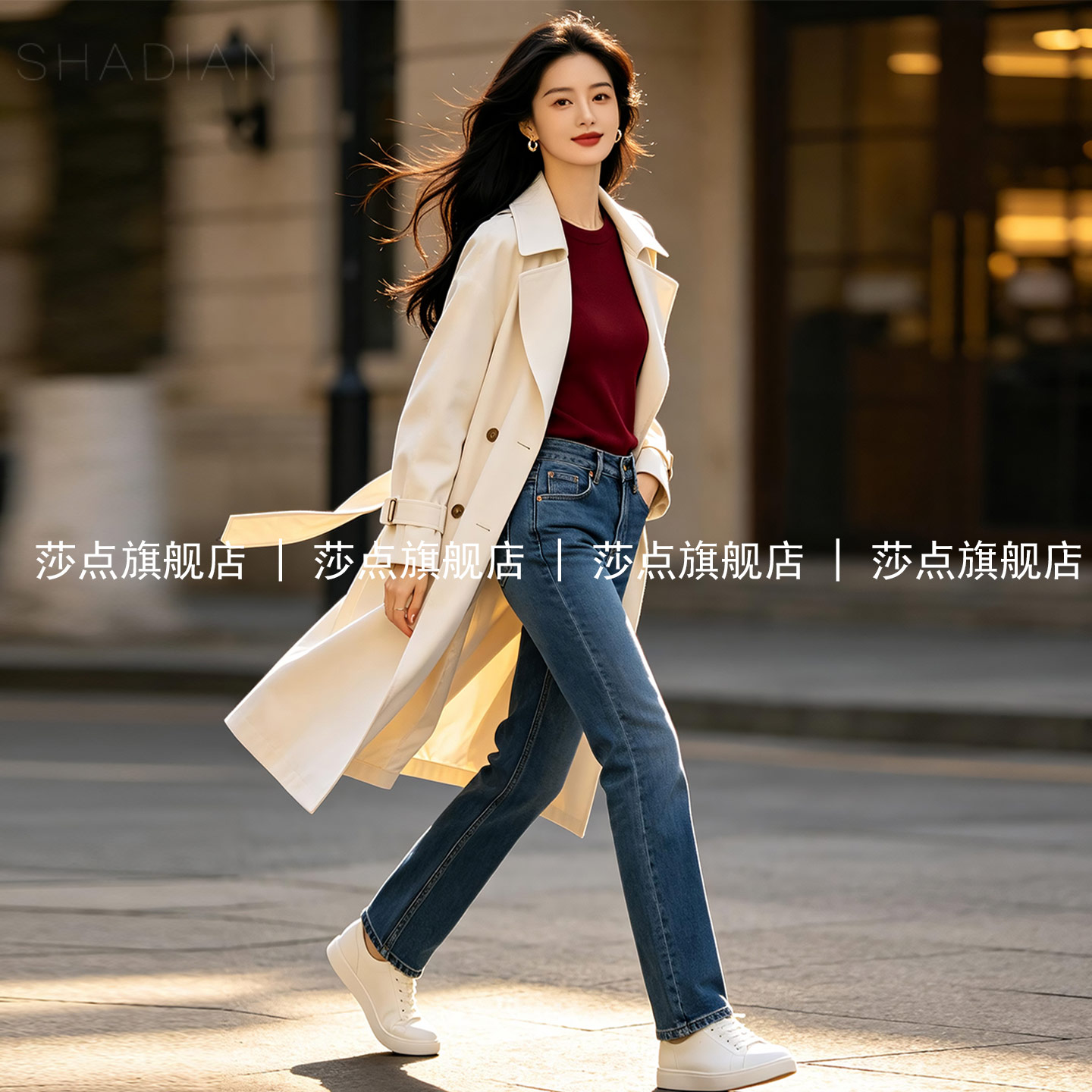 米色双排扣风衣女中长款