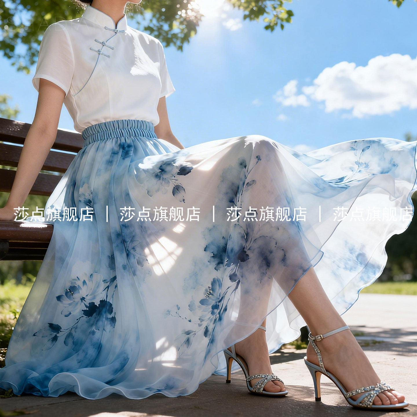 高腰水墨晕染碎花半身裙女夏气质修身长款雪纺长裙大摆裙垂坠感