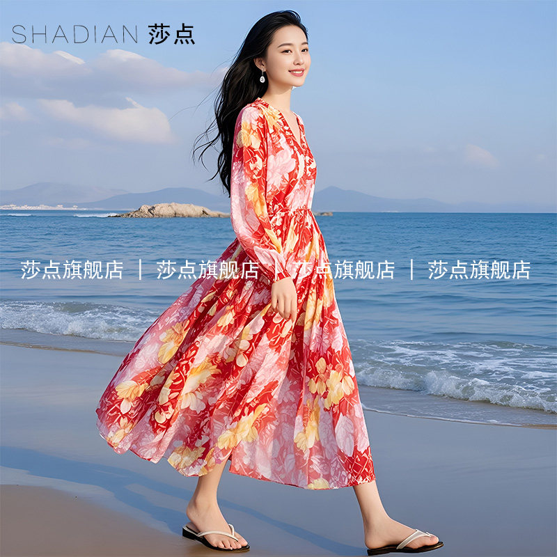 V领碎花连衣裙女夏长袖气质收腰长裙海边度假长款薄纱沙滩裙子