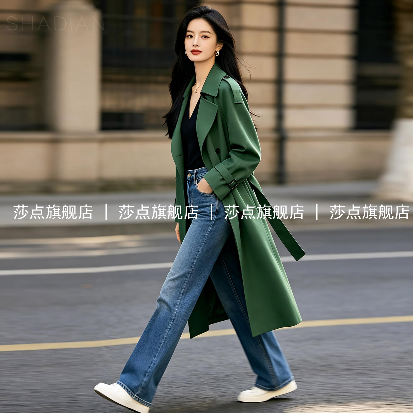 绿色西装领休闲风衣女中长款