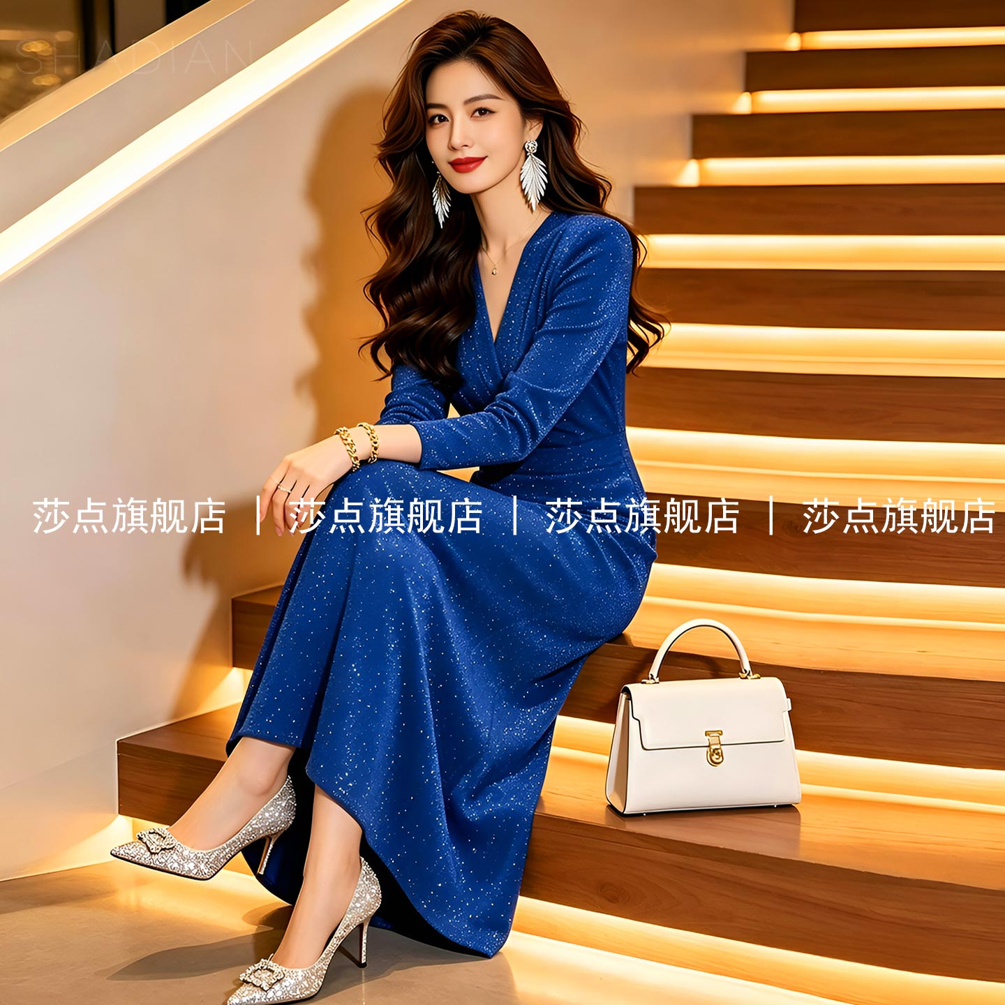 蓝色V领长袖连衣裙女秋季