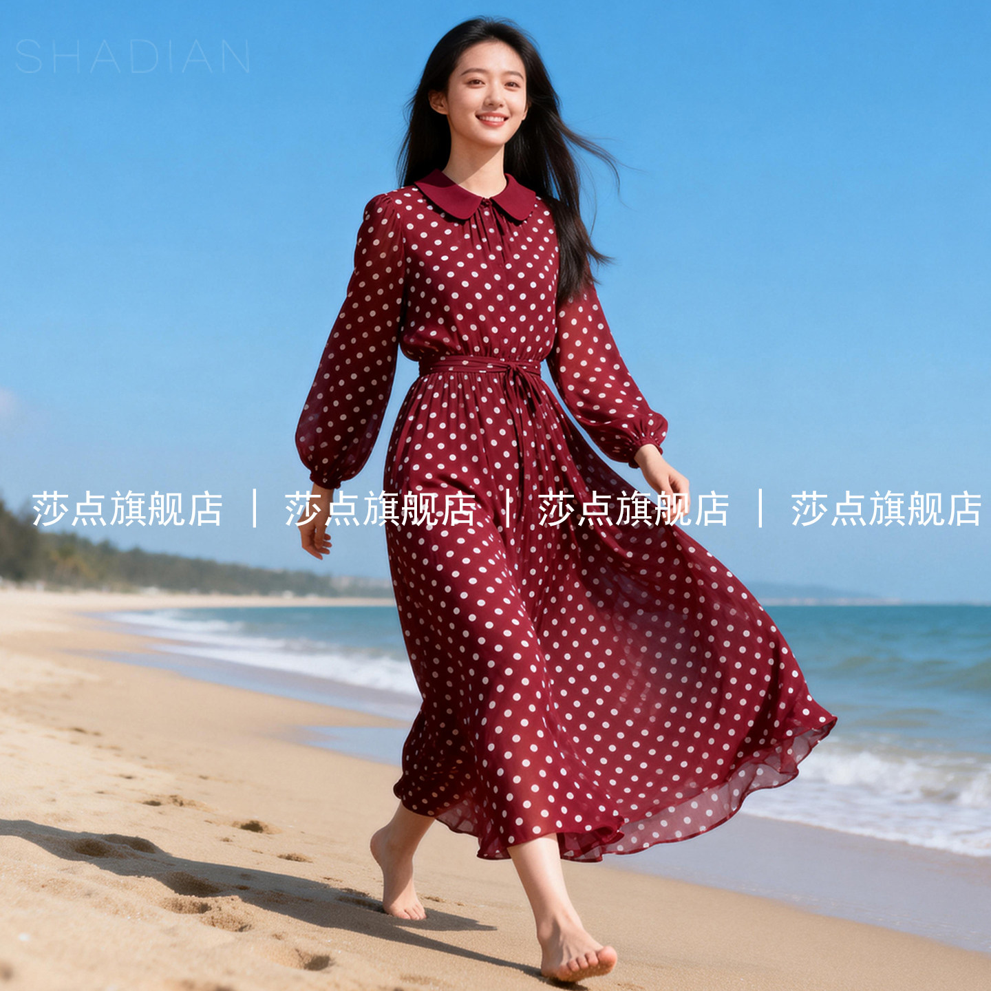 酒红色娃娃领长袖波点雪纺连衣裙