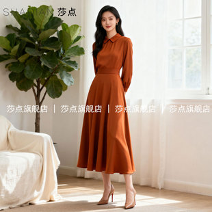 桔色小香风娃娃领长袖连衣裙女2026春秋新款气质减龄长裙收腰长款