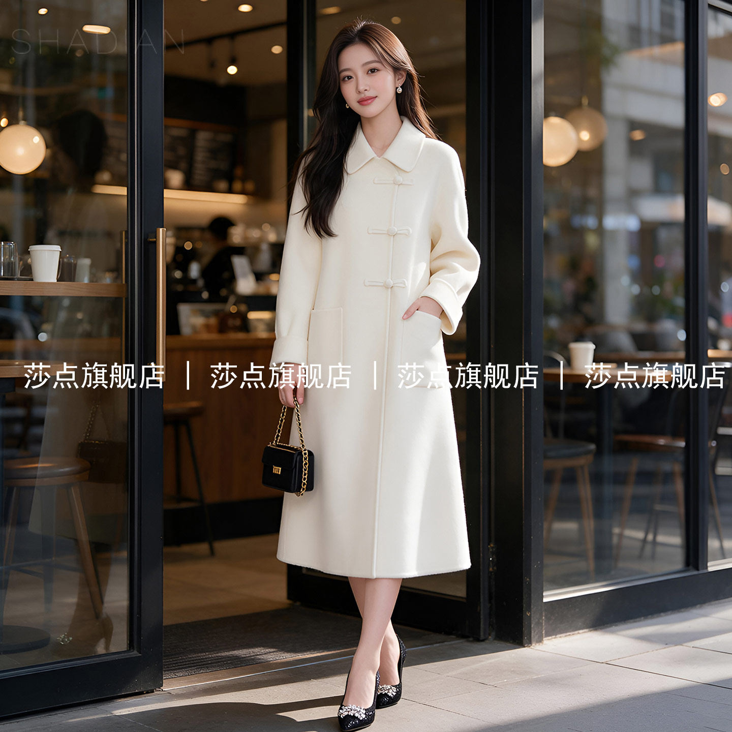 新中式盘扣白色毛呢外套女秋冬