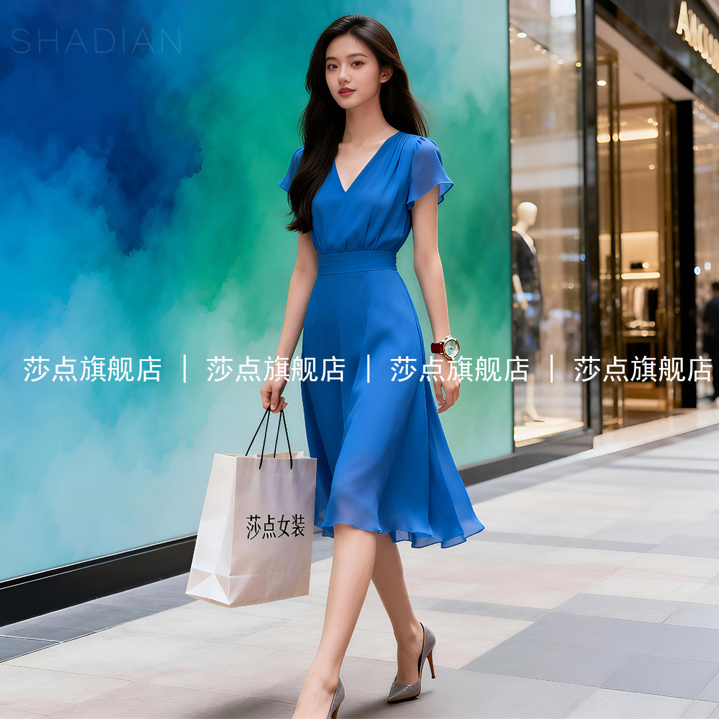 V领短袖薄纱蓝色连衣裙女夏2026新款气质收腰裙子雪纺长裙通勤风