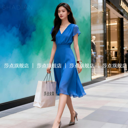 V领短袖薄纱蓝色连衣裙女夏