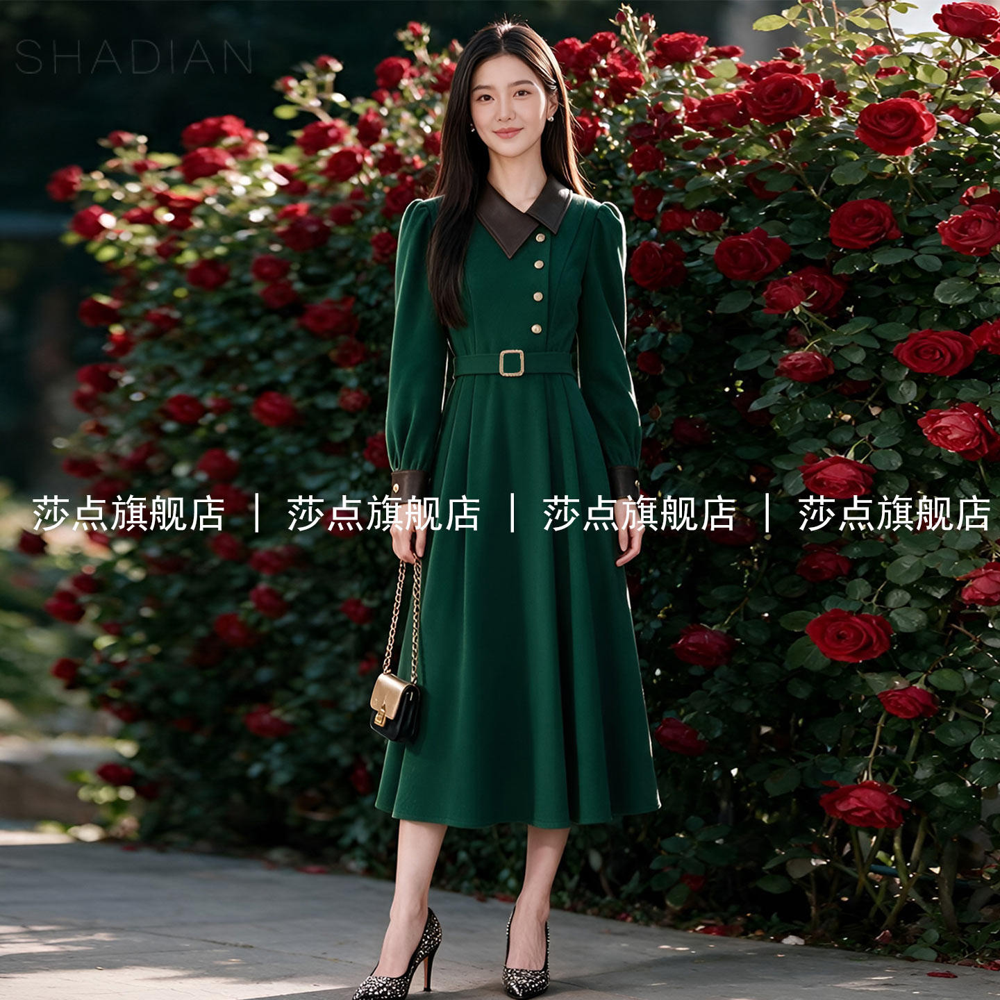 绿色拼接秋季长袖连衣裙