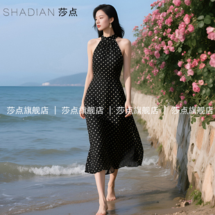 裙子海邊度假長裙沙灘裙吊帶裙 黑色波點薄紗掛脖連衣裙女夏無袖