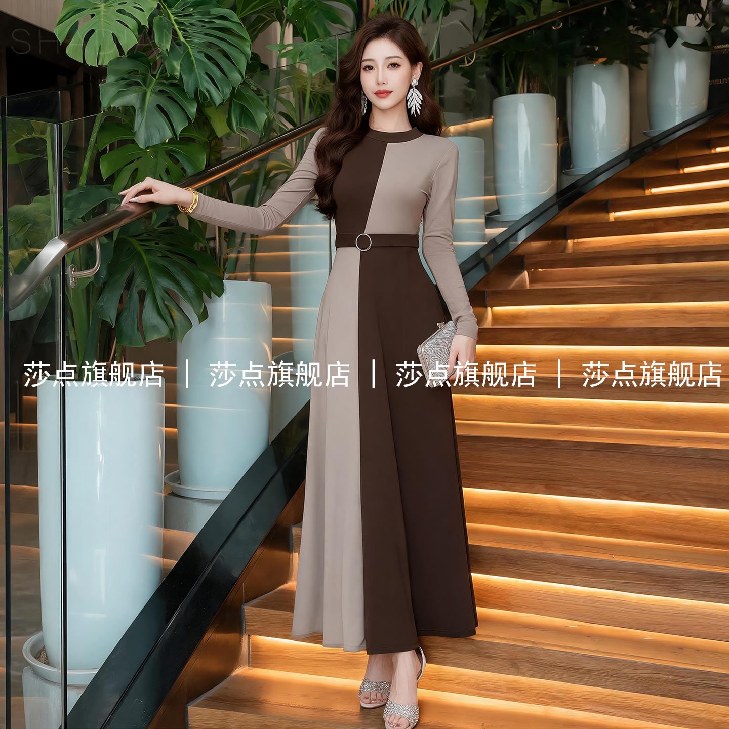 咖色拼接长袖连衣裙女春秋