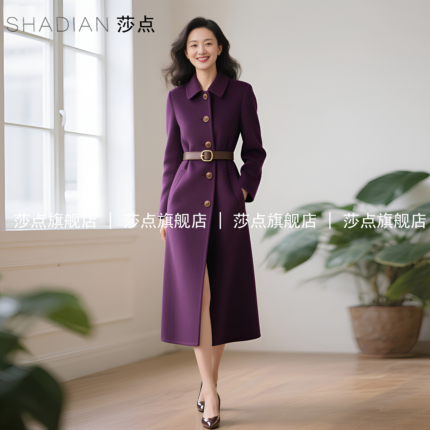 紫色单排扣呢子大衣女中长款