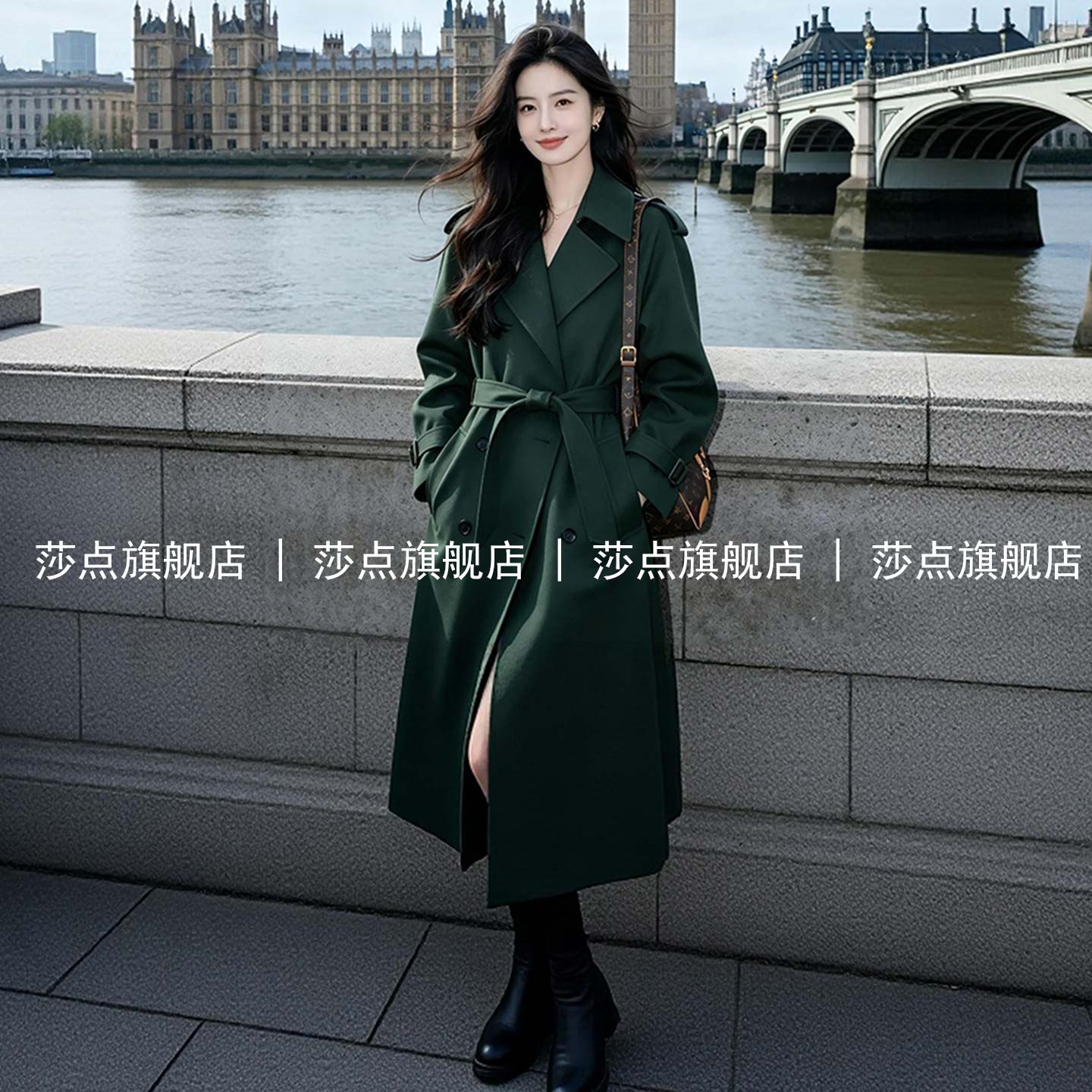 墨绿色双排扣休闲风衣中长款