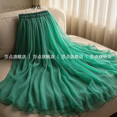 高腰绿色雪纺半身裙长款 纱裙女2026新款 大摆裙长裙垂坠感百褶裙
