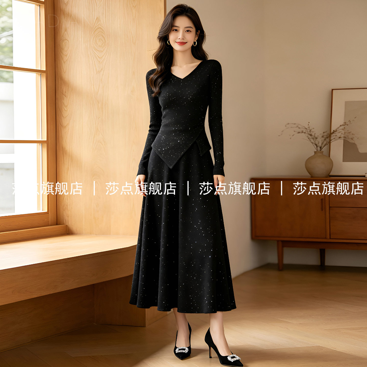 黑色V领长袖休闲时尚套装裙女秋