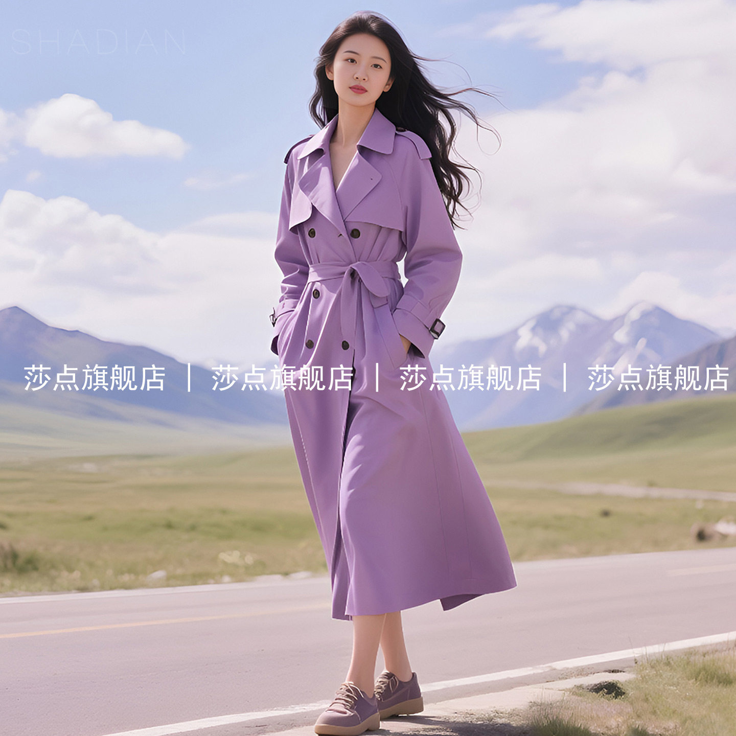 紫色休闲双排扣风衣女中长款