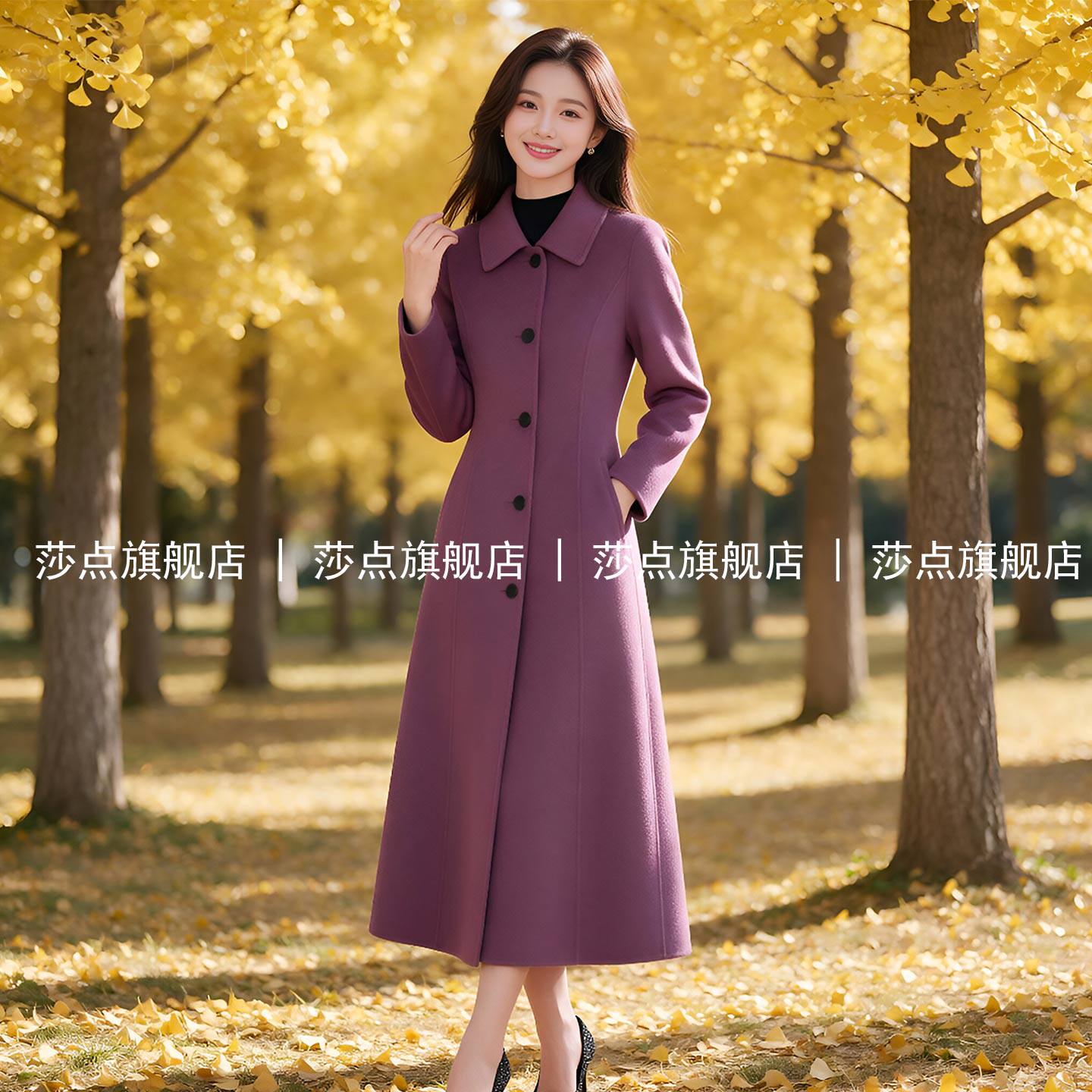 紫色翻领单排扣毛呢外套女秋冬