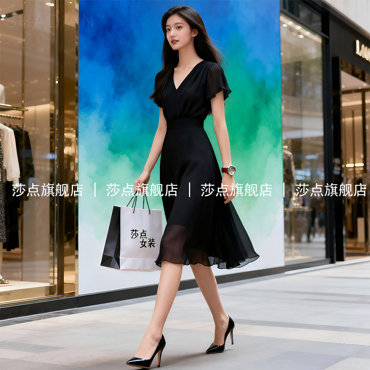 V领短袖通勤风薄纱黑色连衣裙女