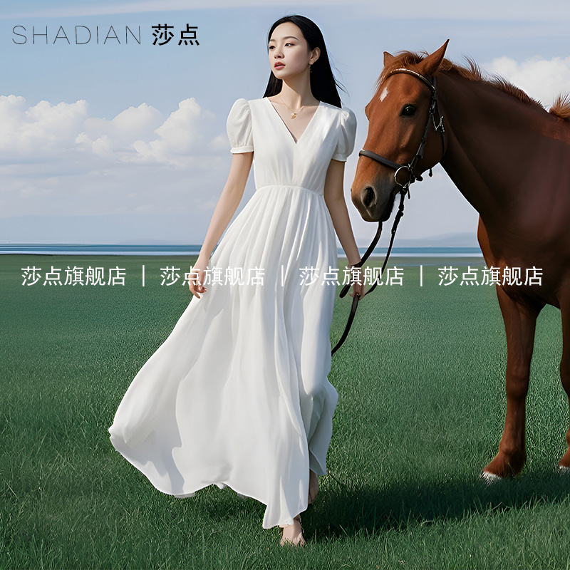 V领白色连衣裙长款雪纺裙女夏