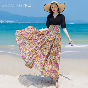 v领印花雪纺连衣裙短袖长裙2026夏季新款女旅拍沙滩裙气质大摆裙