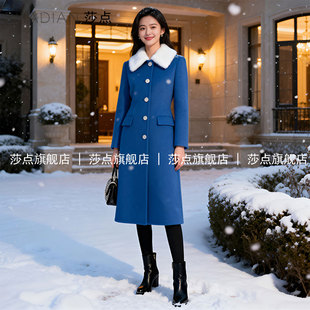 蓝色单排扣毛领毛呢外套女冬加厚中长款2025新款呢子大衣小个子