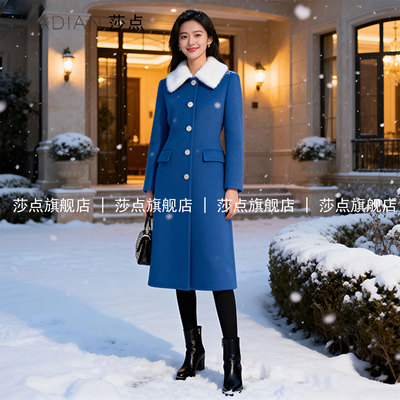 蓝色单排扣毛领毛呢外套女冬加厚