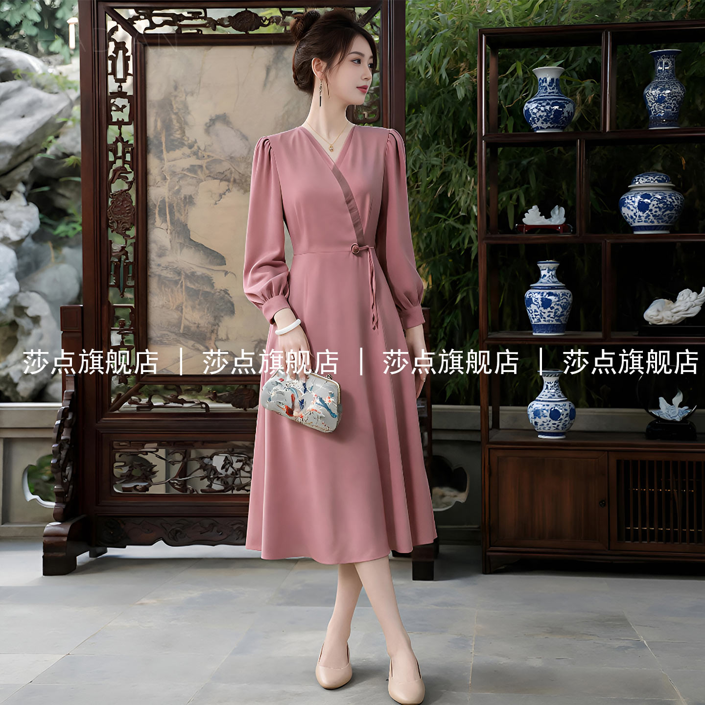 粉色V领系带长袖连衣裙女春秋