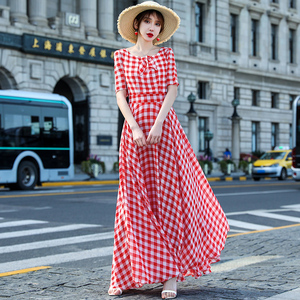 2026新款裙子夏季气质雪纺连衣裙女夏长款长裙红色格子脚踝沙滩裙