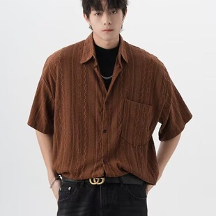 日系复古镂空短袖衬衫男女潮牌新中式宽松T恤痞帅设计感polo上衣