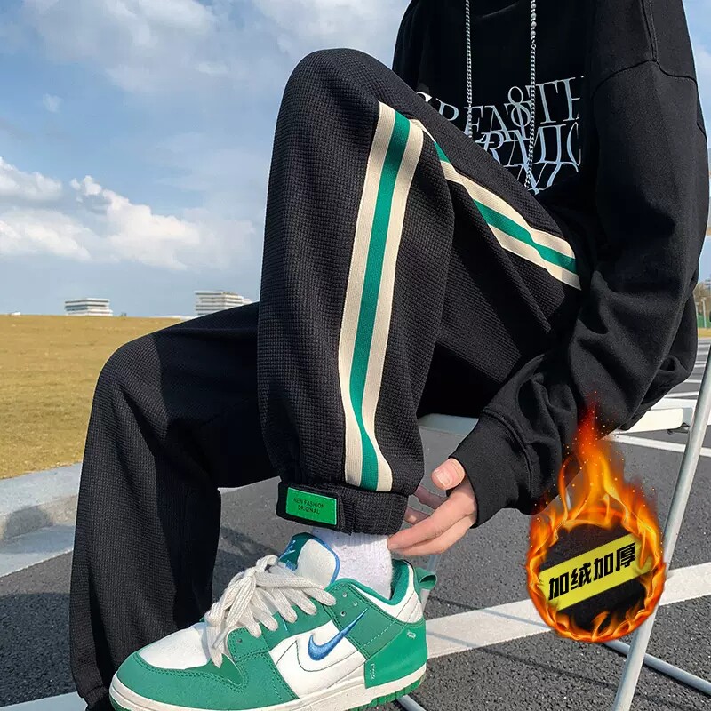 条纹裤子男士潮牌ins高街宽松秋冬季加绒加厚束脚卫裤运动休闲裤