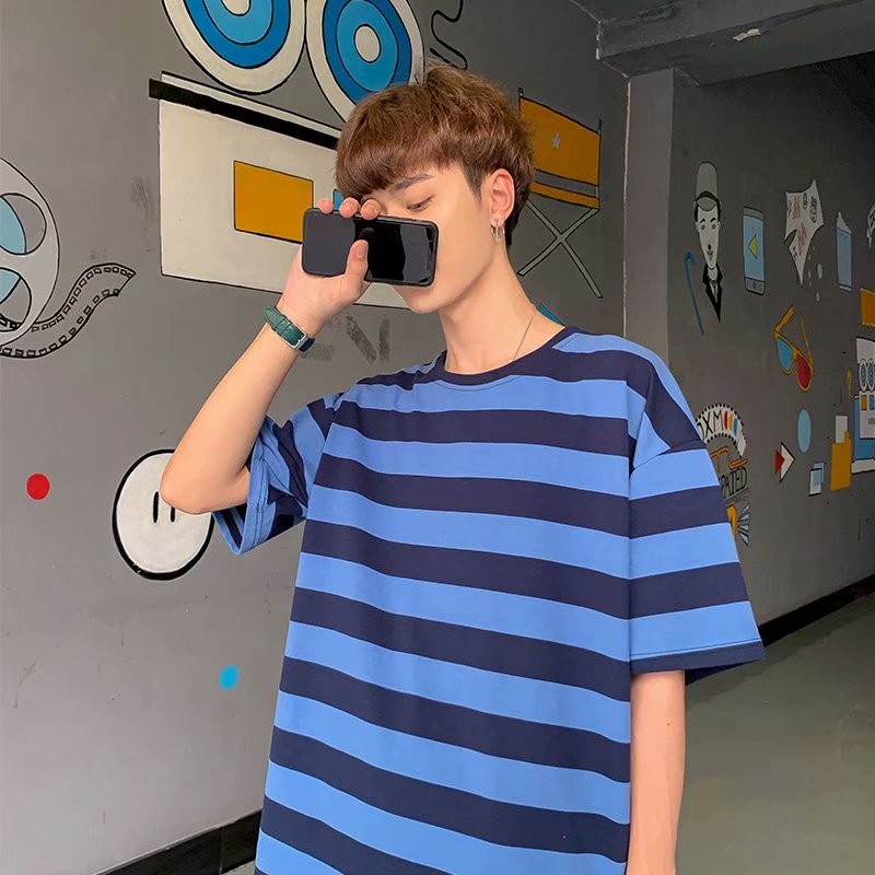 ins港风短袖t恤男韩版潮流夏季五分袖上衣百搭条纹半袖男宽松体恤