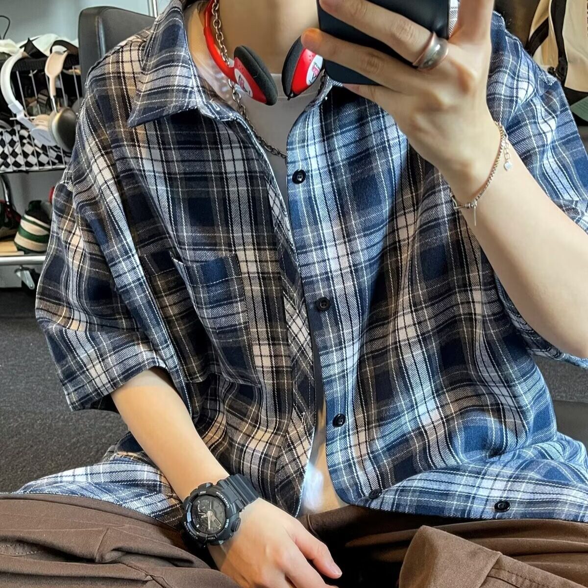 薄款格子短袖衬衫男款夏季潮牌复古轻薄透气大码宽松翻领休闲衬衣