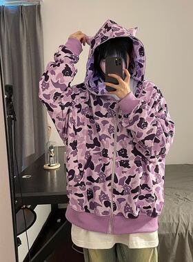 美式满印小恶魔嘻哈迷彩卫衣女
