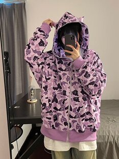 美式满印小恶魔连帽卫衣2022秋季国潮嘻哈迷彩宽松拉链外套女ins
