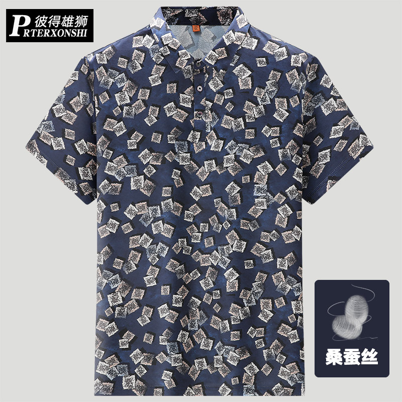 胖子短袖T恤男加肥加大衬衫领男士碎花休闲体恤胖子桑蚕丝男装t恤